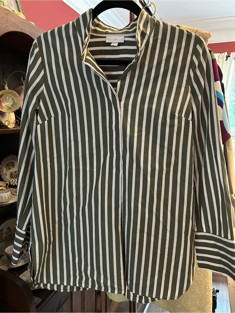 J.Jill Long-Sleeve 3/4 Button-Front Tunic Olive Green and White Size XS